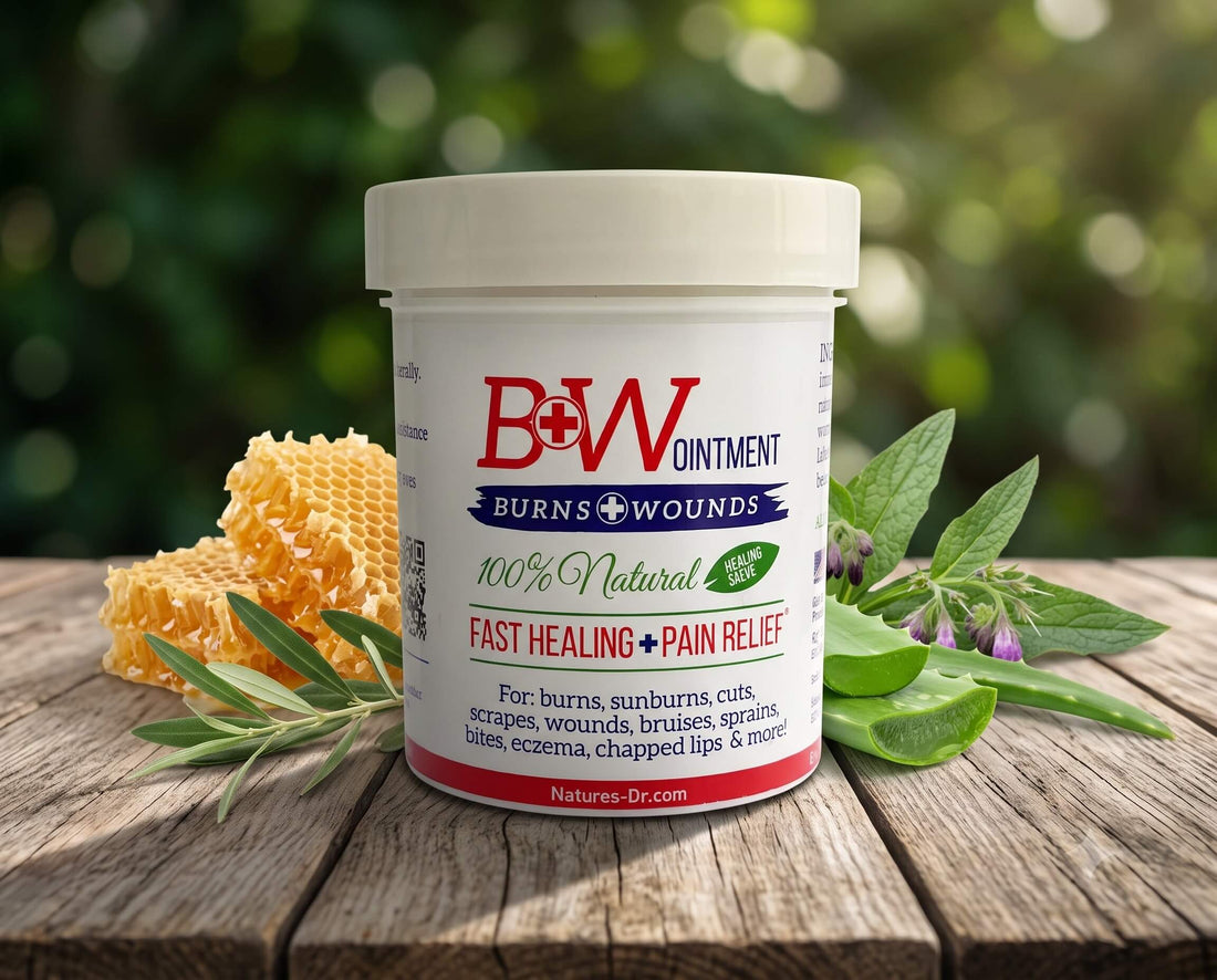 B&W Ointment Jar with some of its ingredients
